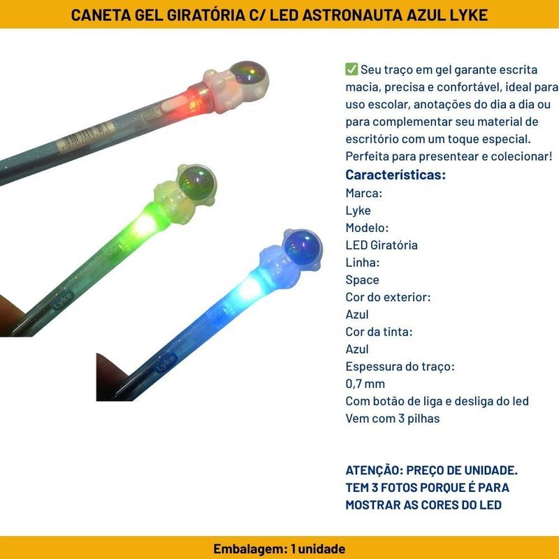 Caneta Gel Giratória Astronauta C/ Led 0.7mm Azul Lyke (01 unidade)