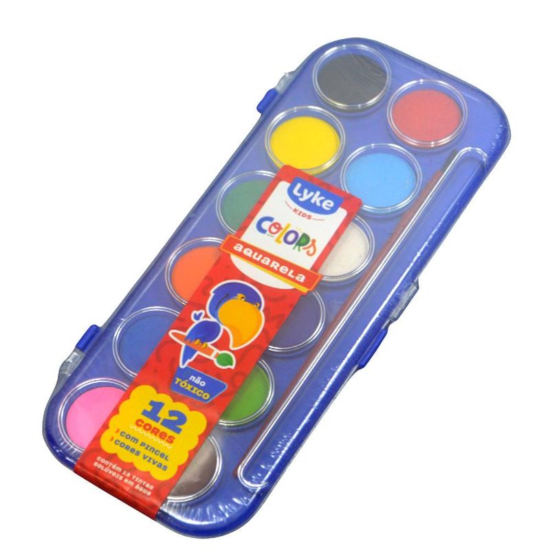 Estojo em Pastilhas Aquarela Colors Kids 12 Cores 27mm C/ Pincel Aquarela Lyke Kids (01 unidade)
