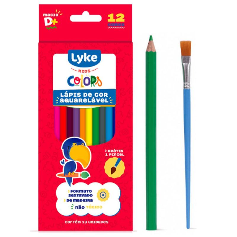 Lápis de Cor Aquarelável Madeira Sextavado C/ 12 Cores + Picel Lyke Kids (13 unidades)