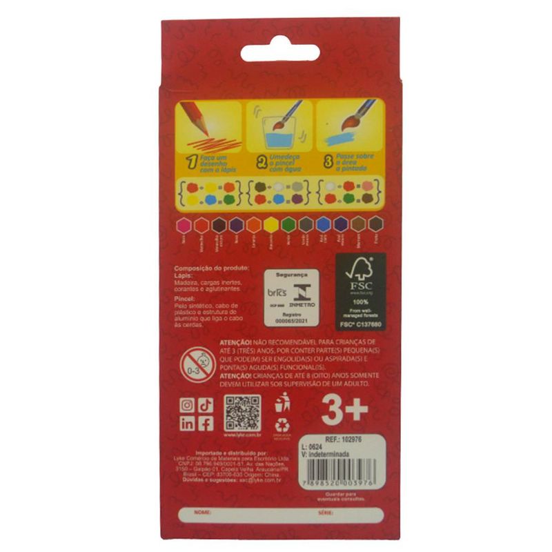 Lápis de Cor Aquarelável Madeira Sextavado C/ 12 Cores + Picel Lyke Kids (13 unidades)