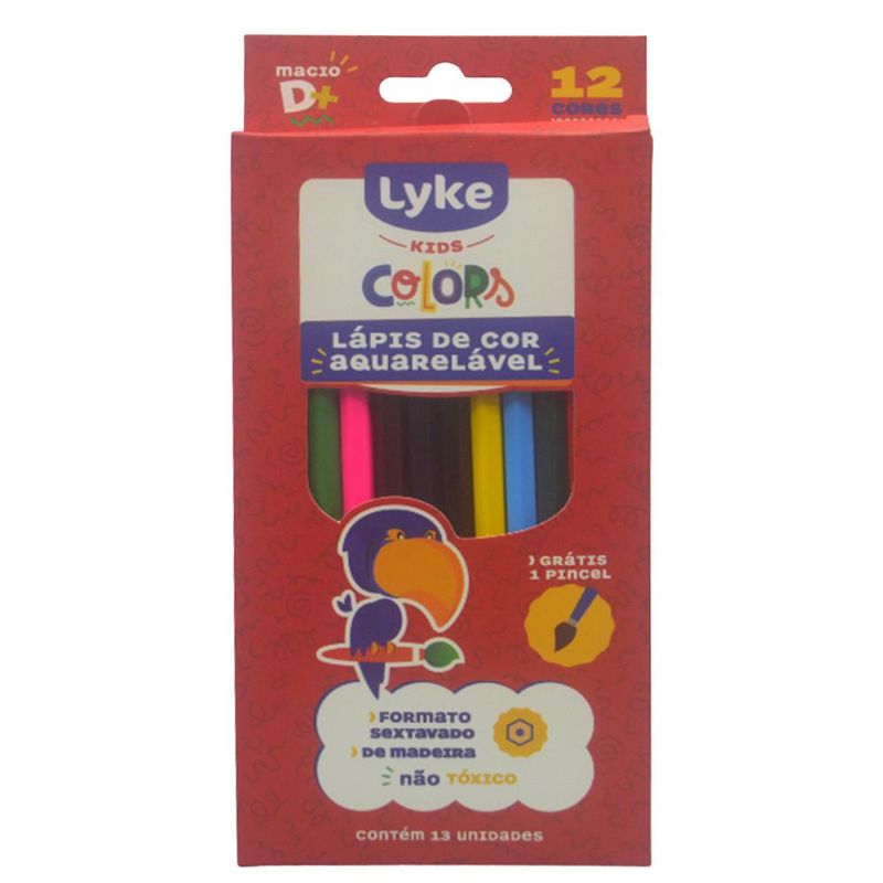 Lápis de Cor Aquarelável Madeira Sextavado C/ 12 Cores + Picel Lyke Kids (13 unidades)