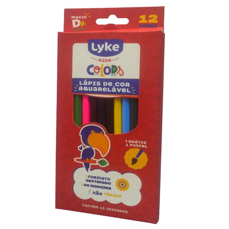Lápis de Cor Aquarelável Madeira Sextavado C/ 12 Cores + Picel Lyke Kids (13 unidades)