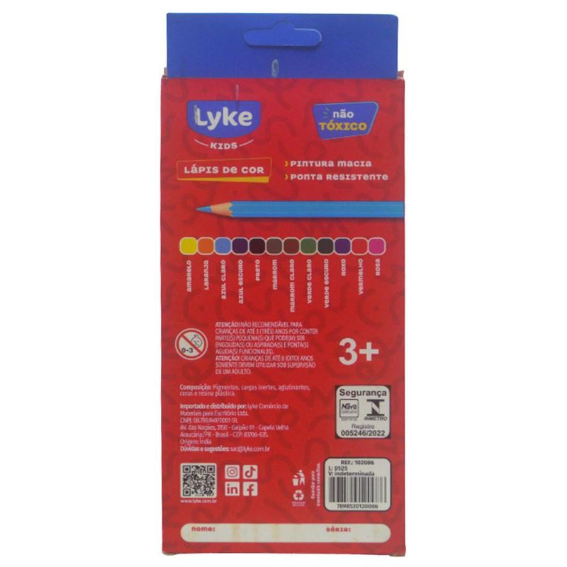 Lápis de Cor Sextavado Resina Plástica C/ 12 Cores Lyke Kids (12 unidades)