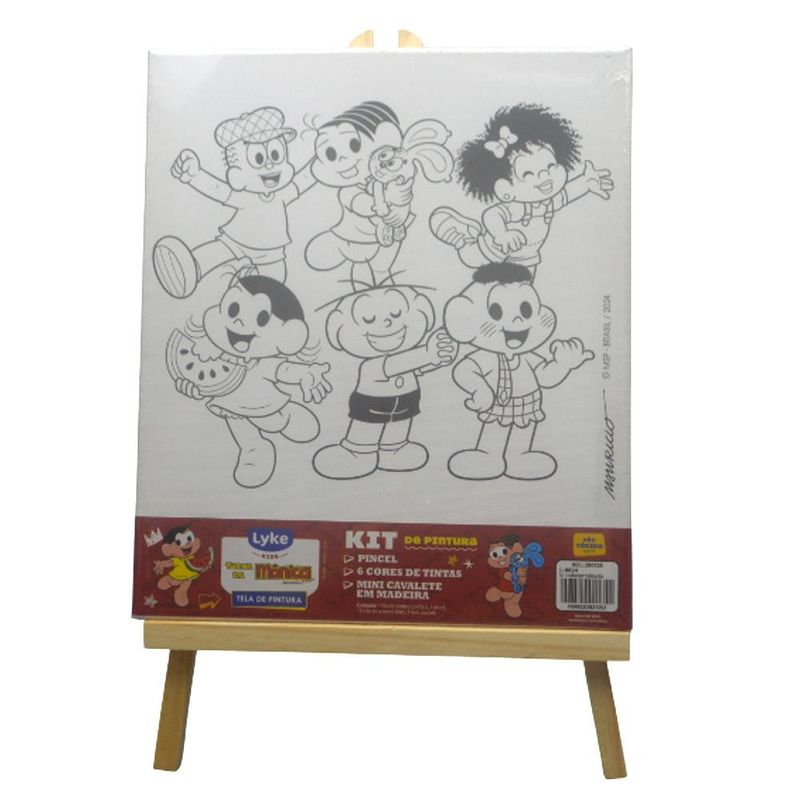 Kit P/ Pintura Tela + Mini Cavalete + Tinta e Pincel Turma da Mônica Lyke Kids (9 peças)