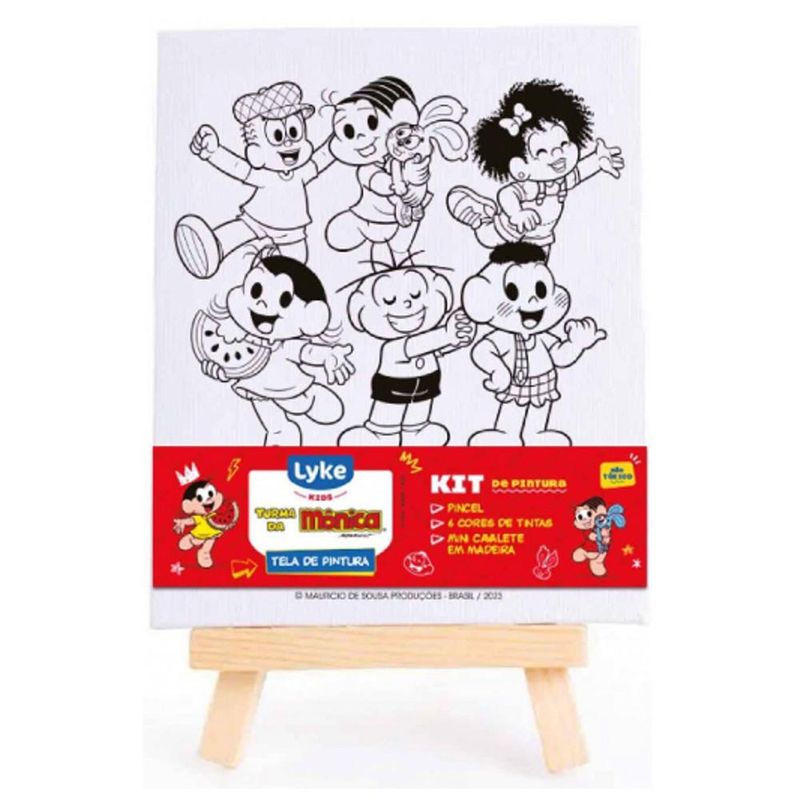 Kit P/ Pintura Tela + Mini Cavalete + Tinta e Pincel Turma da Mônica Lyke Kids (9 peças)