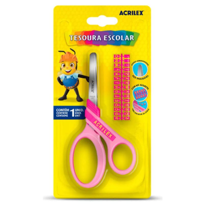 Tesoura Escolar C/ Kit Alfabeto 14cm Ref. 22543 Rosa Acrilex (01 unidade)