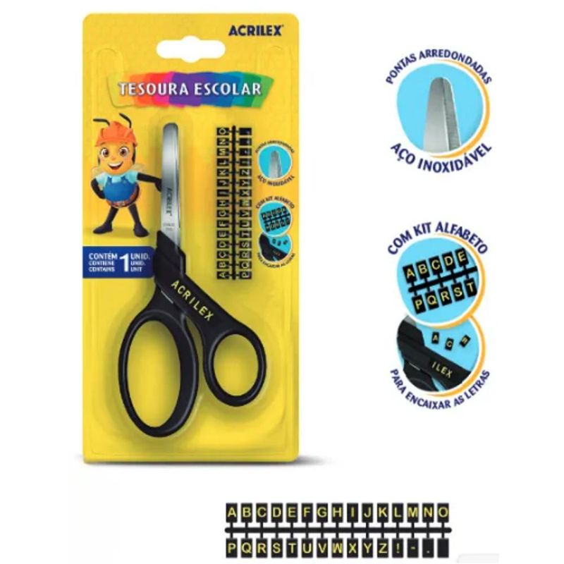 Tesoura Escolar C/ Kit Alfabeto 14cm Ref. 22547 Preto Acrilex (01 unidade)