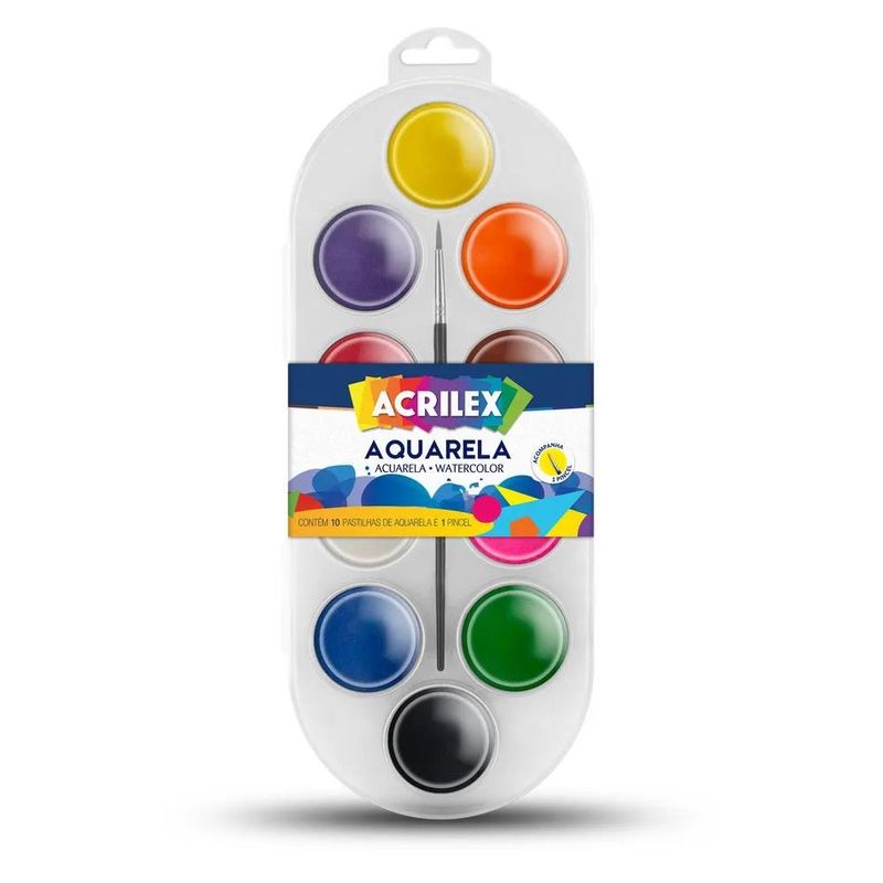 Estojo em Pastilhas Aquarela 10 Cores C/ Pincel Acrilex (01 unidade)