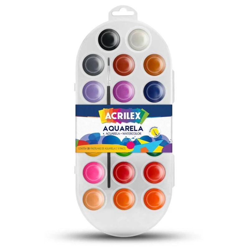 Estojo em Pastilhas Aquarela 20 Cores C/ Pincel Acrilex (01 unidade)