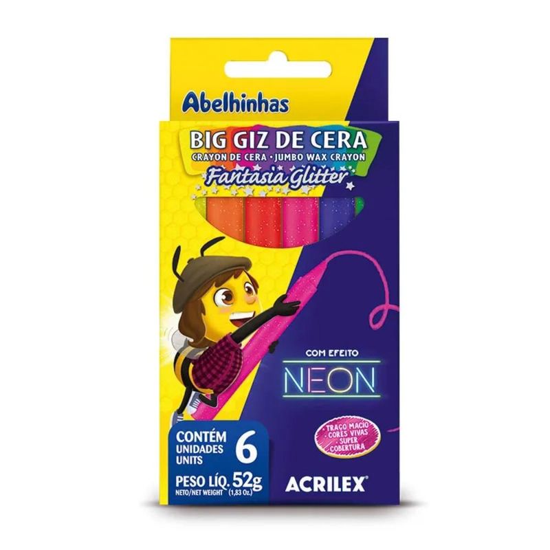 Big Giz de Cera Neon Glitter C/ 6 Cores 52gr Ref. 09806 Acrilex (06 unidades)