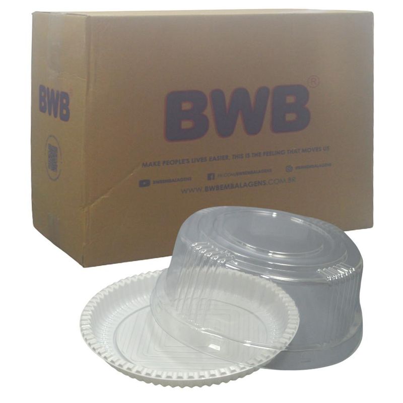 Embalagem P/ Bolo e Torta C/ Tampa Alta Lisa C/ Ranhurada B 35AL Ref. 14202 500gr Branca BWB (100 unidades)