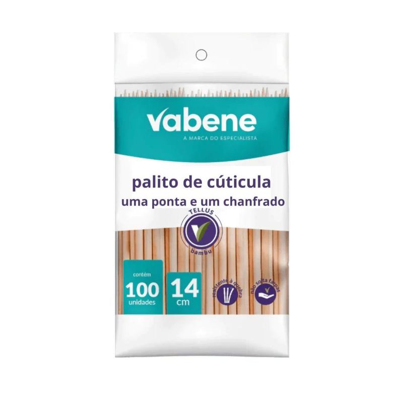 Palito de Cutícula de Bambu 14cm C/ 1 Ponta e 1 Chanfrado Vabene (100 Unidades)