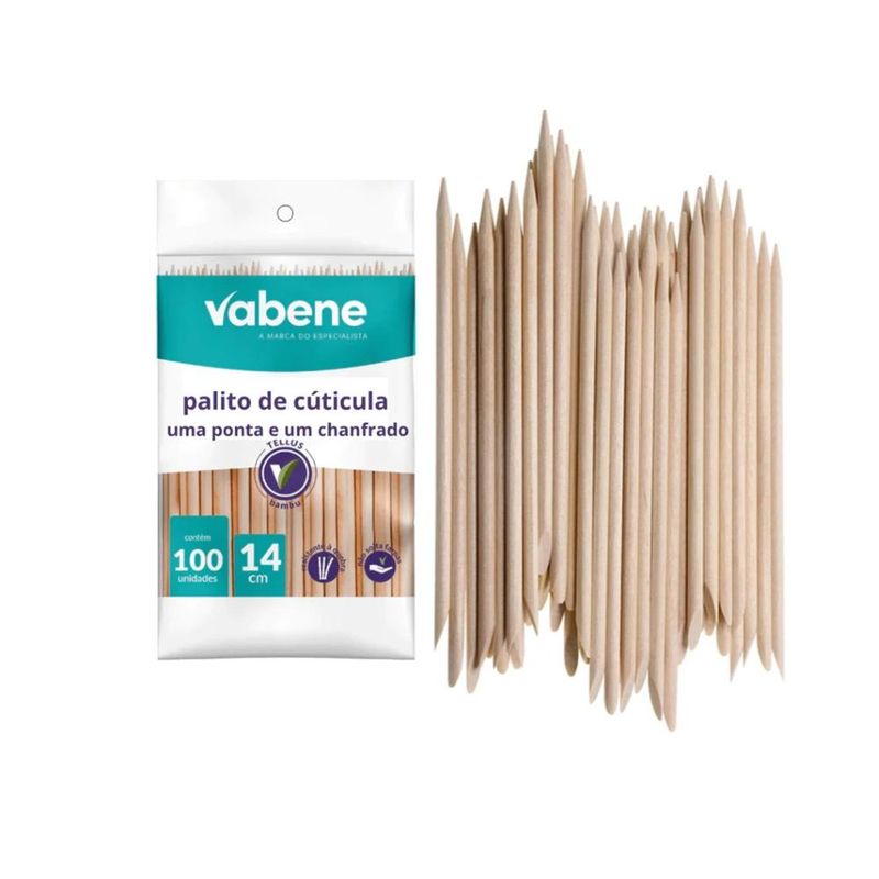 Palito de Cutícula de Bambu 14cm C/ 1 Ponta e 1 Chanfrado Vabene (100 Unidades)