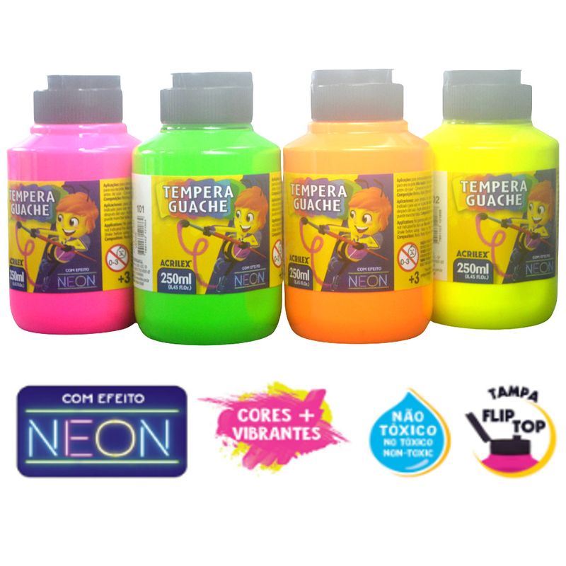 Tinta Tempera Guache Neon 250ml Acrilex (01 unidade)-102-amarelo-limao