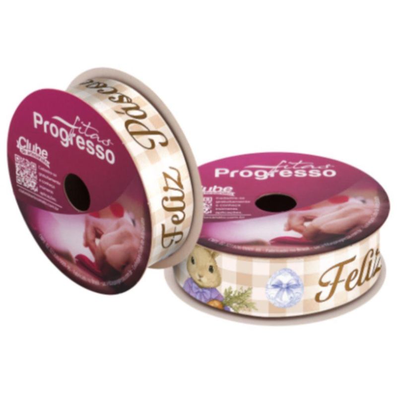 Fita de Cetim ECF 005TR 22mm Cor 233 Coelho Xadrez Bege fitas Progresso (01 unidade)