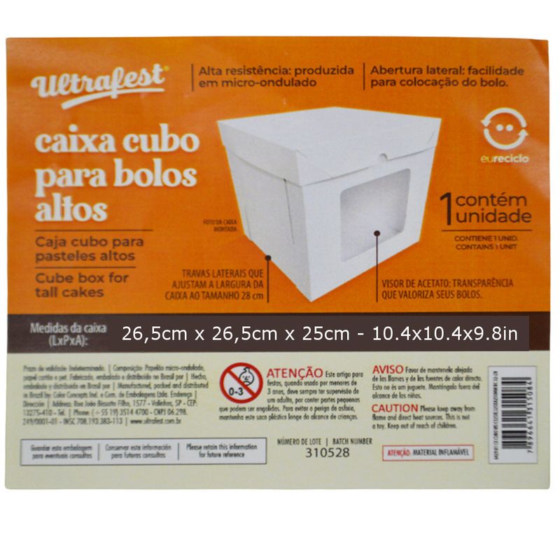 Caixa Bolo Cubo C/ Visor Branca Ref.: 6428.01 26,5x26,5x25 Ultrafest (01 unidade)