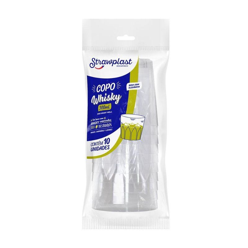Copo Descartável Whisky Poliestireno Incolor 300ml Strawplast (10 Unidades)