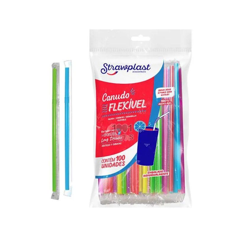 Canudo Flexível Colorido Sachê Strawplast (100 Unidades)