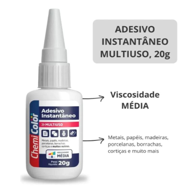 Adesivo Instantâneo Multiuso Viscosidade Média Chemi Color Baston (20 gramas)