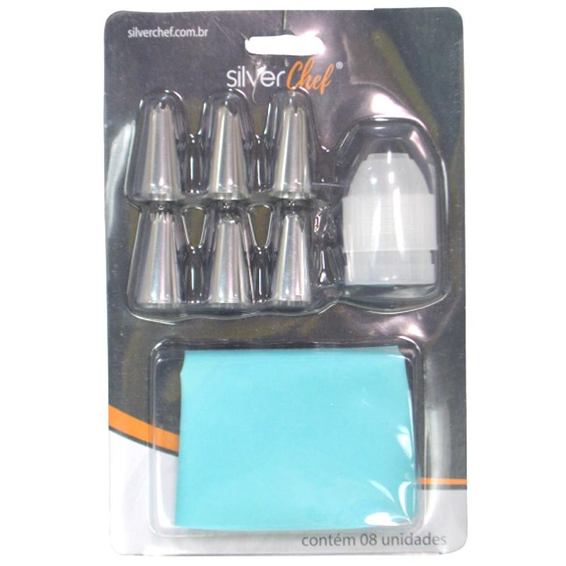Kit Bicos de Confeitar C/ Adaptador e Manga Ref. FT266 Silver Chef (08 peças)