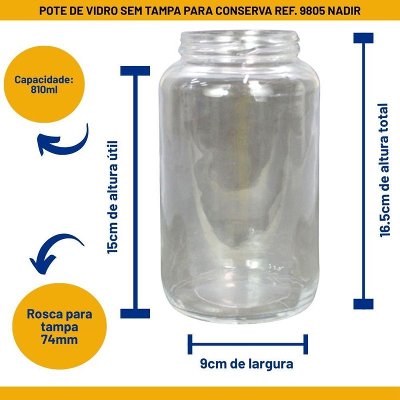 Pote de Vidro Redondo S/ Tampa P/ Conserva 810ml Ref. 9085 Nadir (01 unidade)