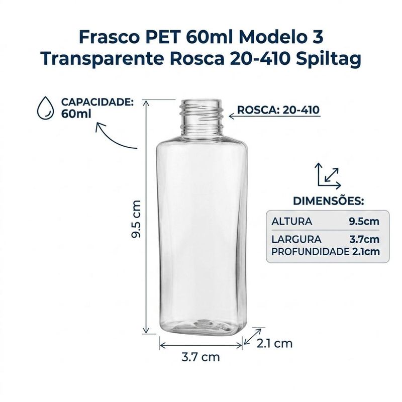 Frasco PET 60ml Modelo 3 Transparente Rosca 20-410 Spiltag (01 unidade)