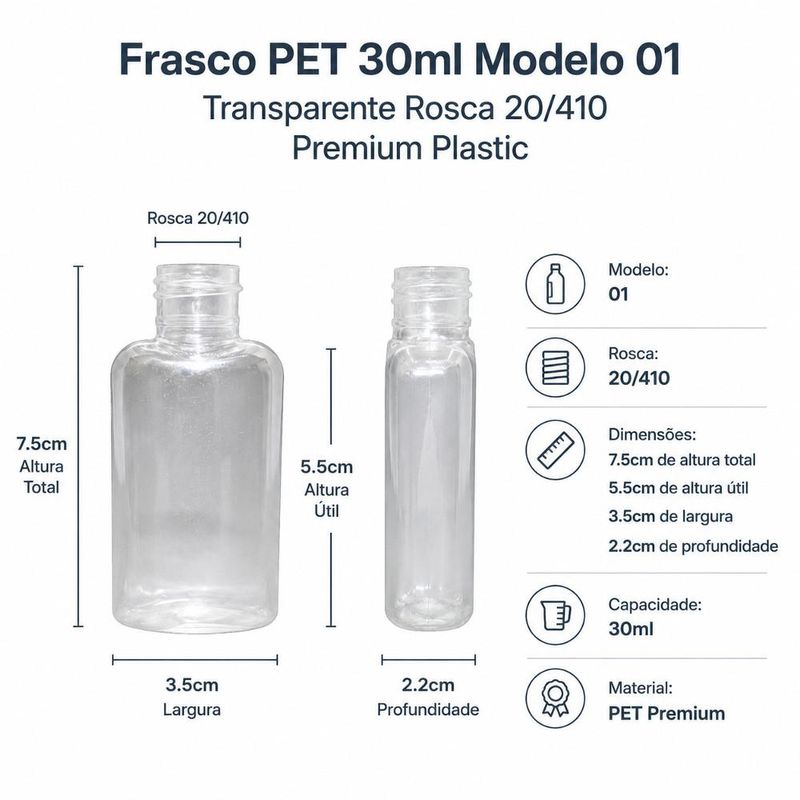 Frasco PET Modelo Oval Incolor 30ml Rosca 20/410 Premium Plastic (01 unidade)