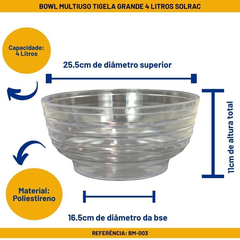Bowl Multiuso Tigela de Acrílico Cristal Grande 4 Litros Ref. BM-003 Solrac (01 unidade)
