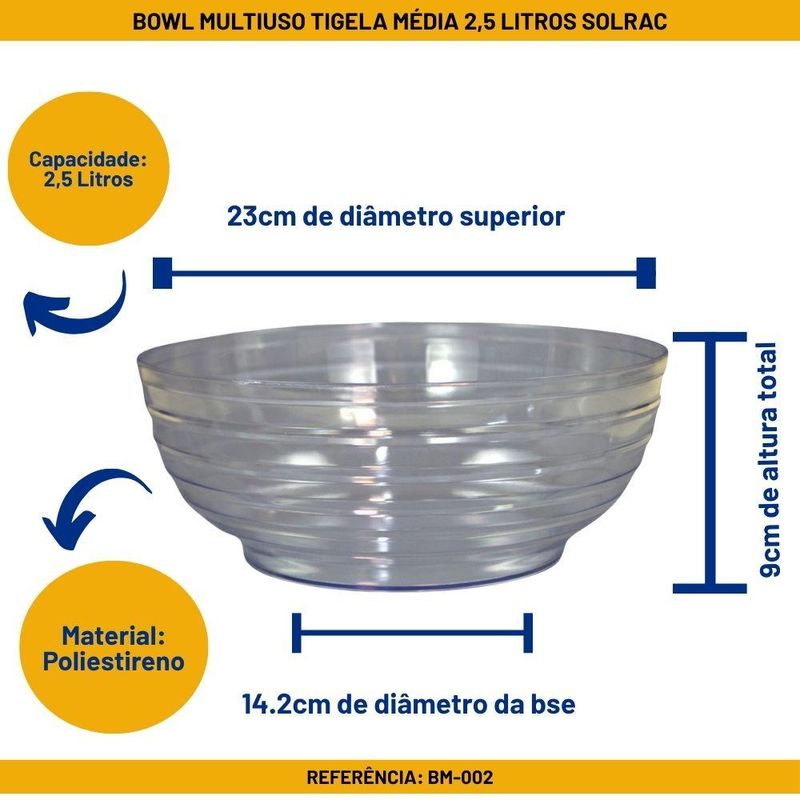 Bowl Multiuso Tigela de Acrílico Cristal Média 2,5 Litros Ref. BM-002 Solrac (01 unidade)