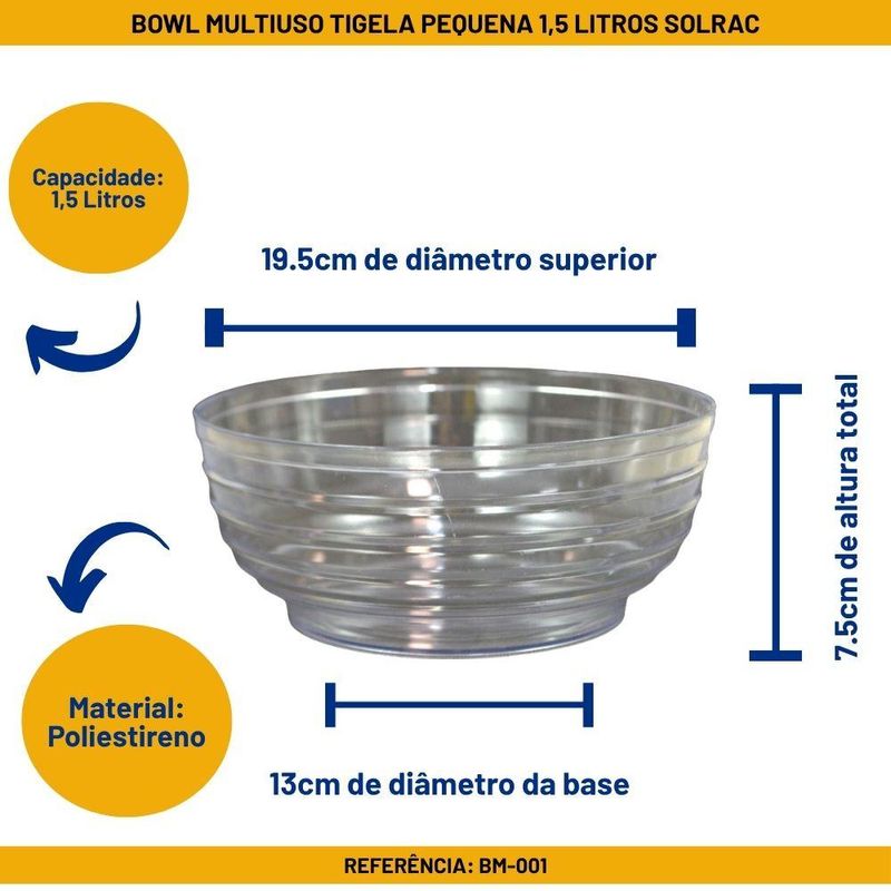 Bowl Multiuso Tigela de Acrílico Cristal Pequena 1,5 Litros Ref. BM-001 Solrac (01 unidade)