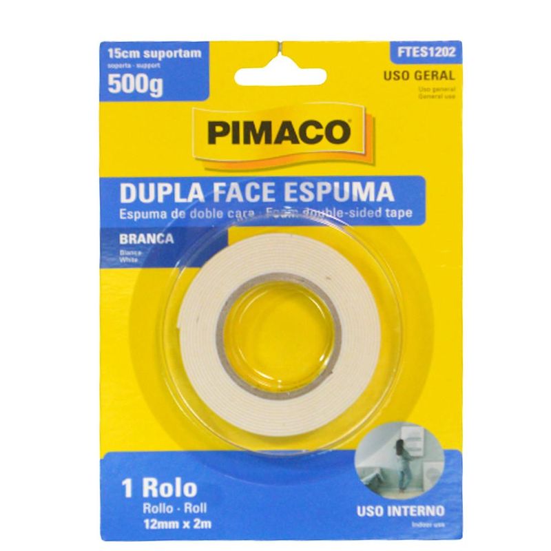 Fita Dupla Face Espuma Branca 12mm x 2m Ref. FTES1202 Pimaco (01 unidade)
