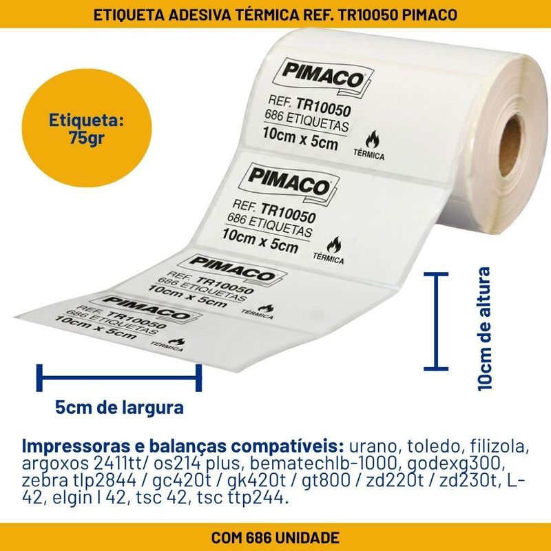 Etiqueta Térmica Adesiva P/ Impressora e Balança TR10050 100x50mm Pimaco (686 etiquetas)