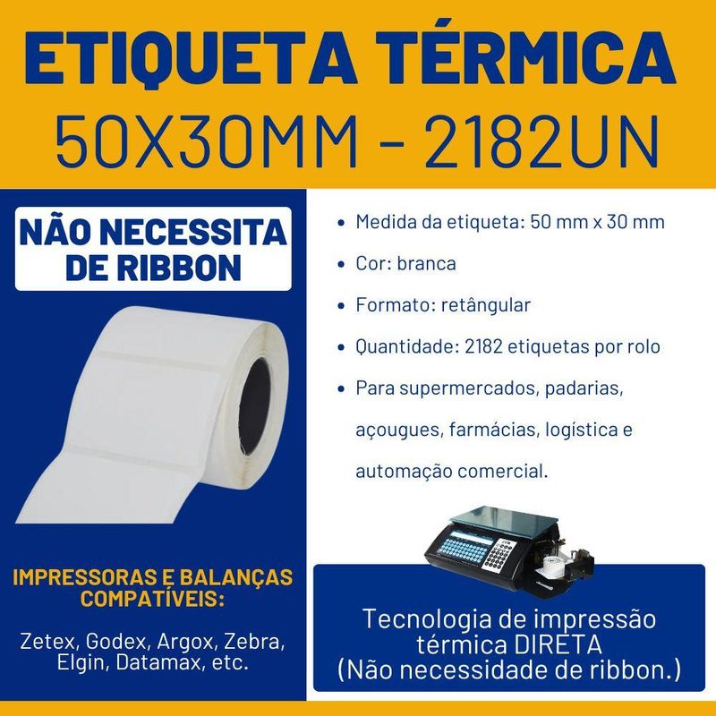 Etiqueta Térmica Adesiva P/ Impressora e Balança TR5030 50X30mm Pimaco (2182 etiquetas)