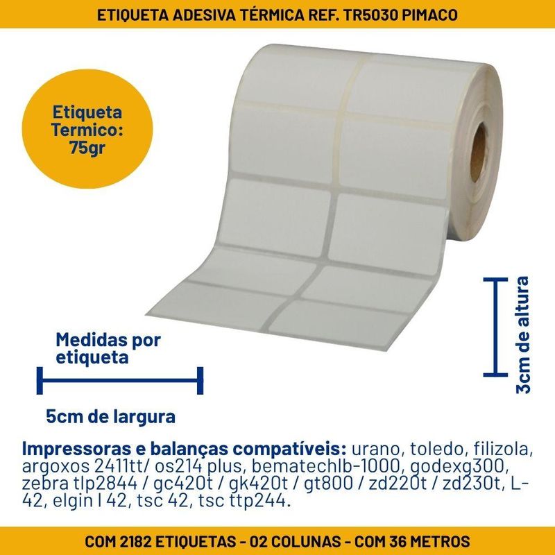 Etiqueta Térmica Adesiva P/ Impressora e Balança TR5030 50X30mm Pimaco (2182 etiquetas)