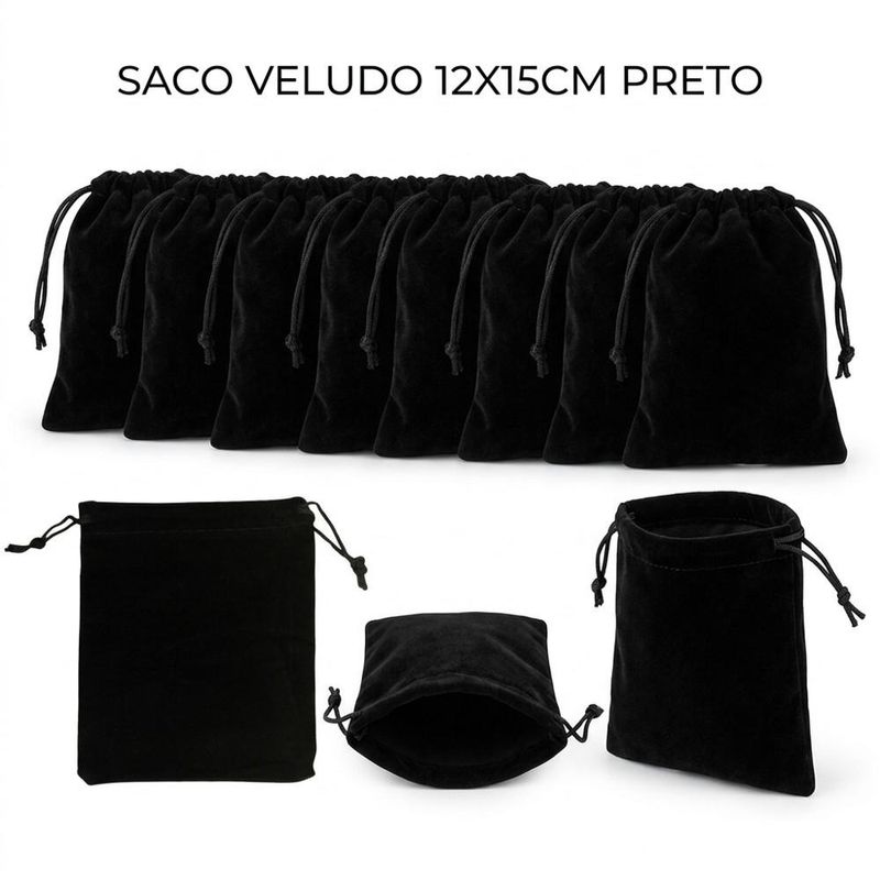 Saco de Poliéster Veludo Preto 12x15cm Comercial Wei (10 unidades)