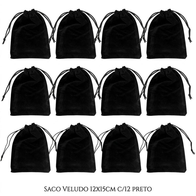 Saco de Poliéster Veludo Preto 12x15cm Comercial Wei (10 unidades)
