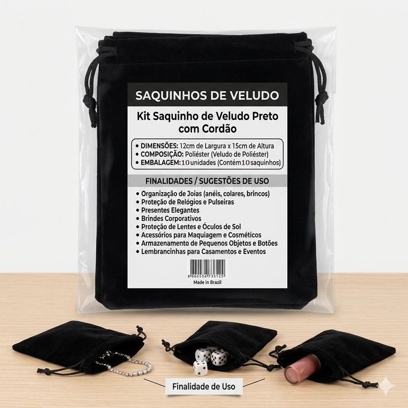 Saco de Poliéster Veludo Preto 12x15cm Comercial Wei (10 unidades)