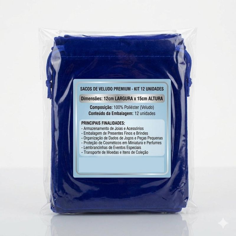 Saco de Poliéster Veludo Azul Escuro 12x15cm Comercial Wei (12 unidades)