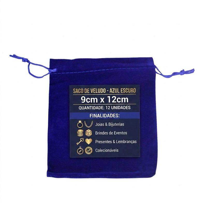 Saco de Poliéster Veludo Azul Escuro 9x12cm Comercial Wei (12 unidades)