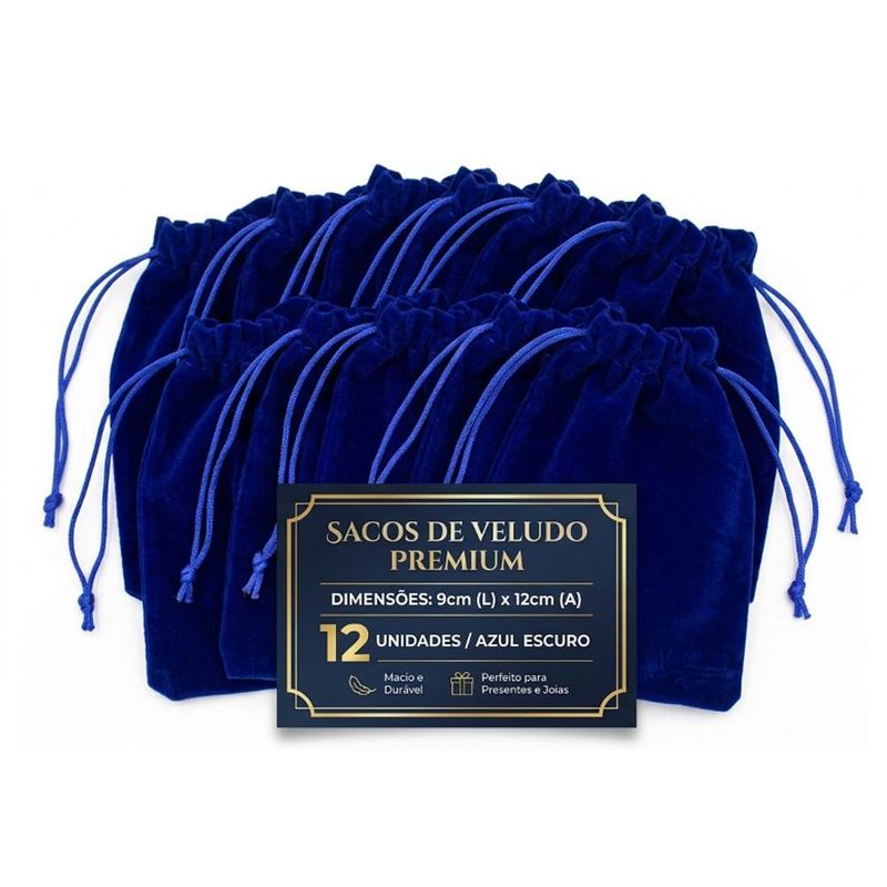 Saco de Poliéster Veludo Azul Escuro 9x12cm Comercial Wei (12 unidades)
