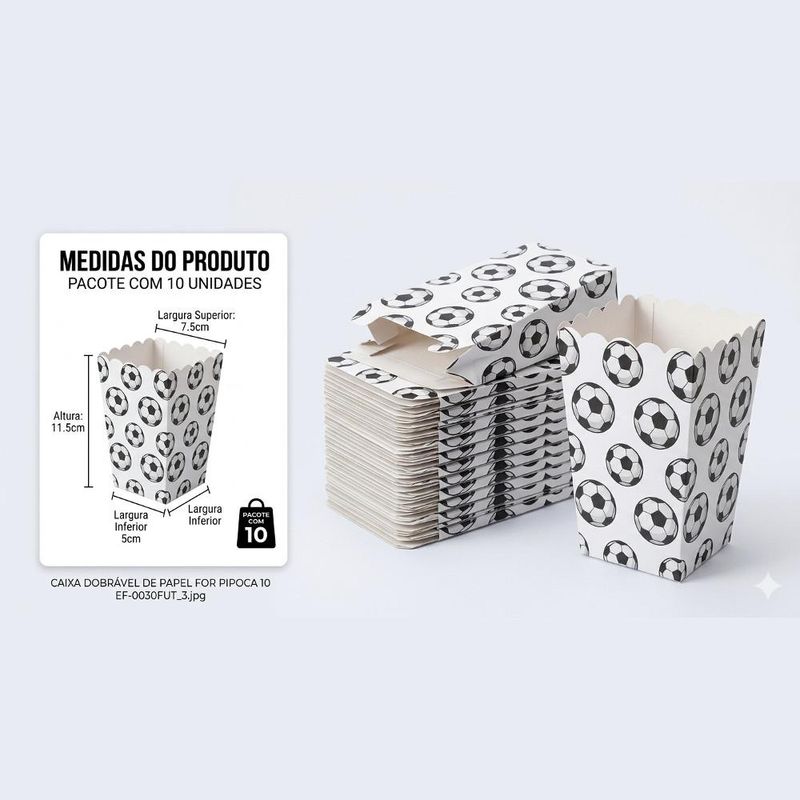 Caixa de Papel Dobrável P/ Pipoca Futebol 11.5x7x5cm Artlille (10 unidades)