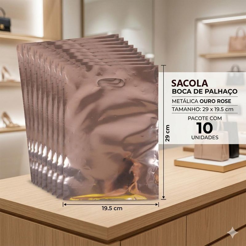 Sacola Metalizada Boca de Palhaço Dourado Rosé 20x29cm Comercial Wei (10 unidades)