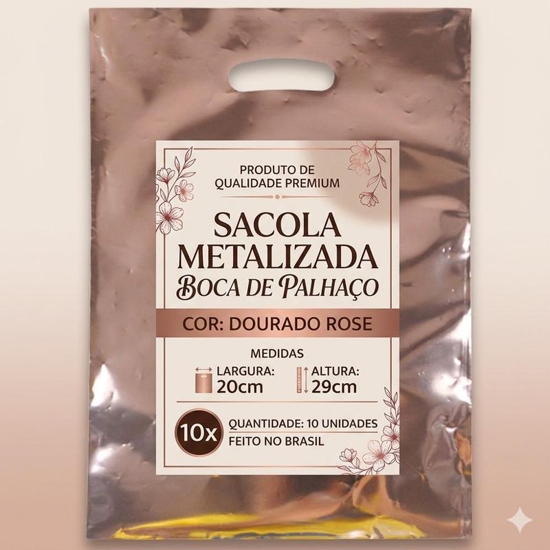 Sacola Metalizada Boca de Palhaço Dourado Rosé 20x29cm Comercial Wei (10 unidades)
