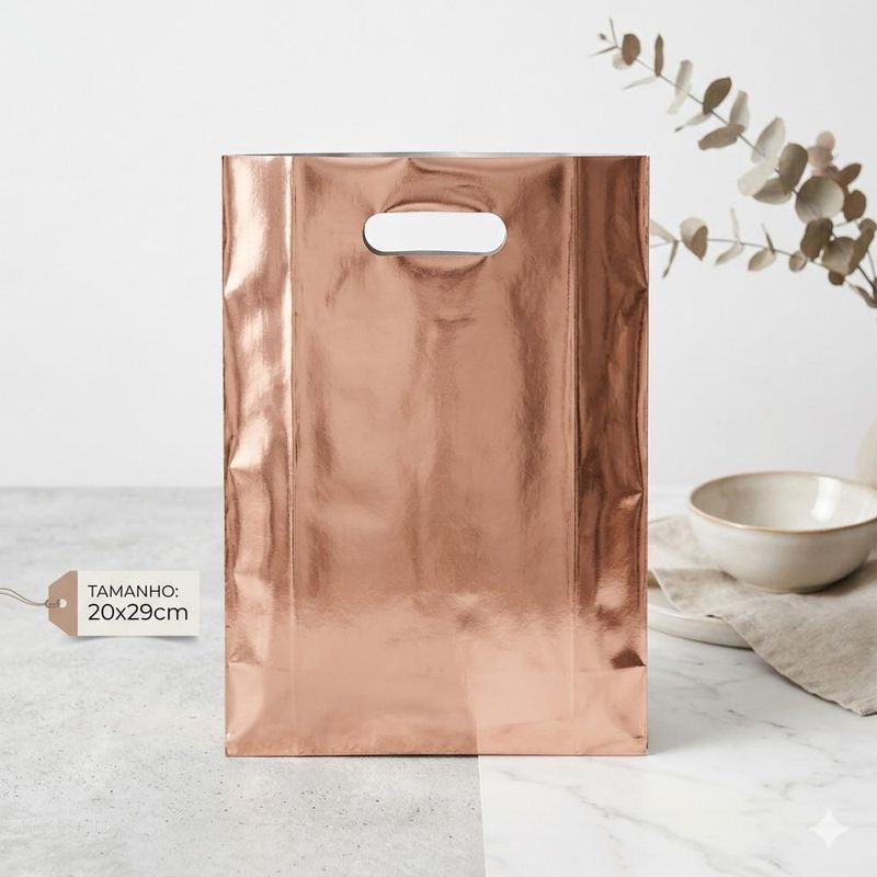 Sacola Metalizada Boca de Palhaço Dourado Rosé 20x29cm Comercial Wei (10 unidades)