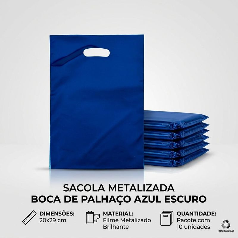 Sacola Metalizada Boca de Palhaço Azul Escuro 20x29cm Comercial Wei (10 unidades)