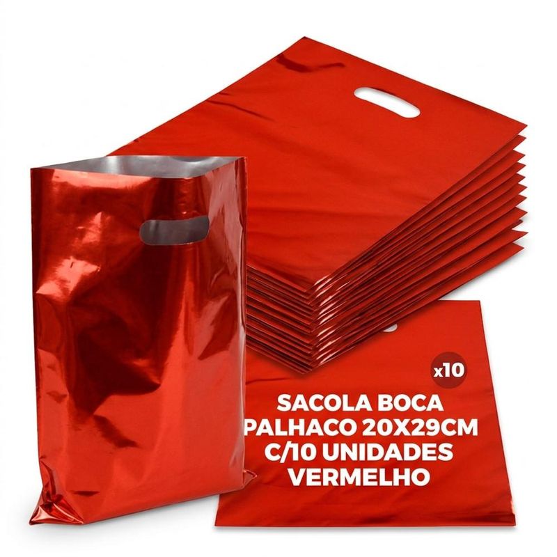 Sacola Metalizada Boca de Palhaço Vermelho 20x29cm Comercial Wei (10 unidades)