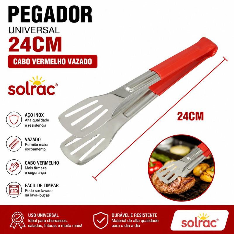 Pegador de Inox Universal P/ Massas e Saladas C/ Cabo Vermelho Vazado 24cm Ref. IPG-006 Solrac (01 unidade)