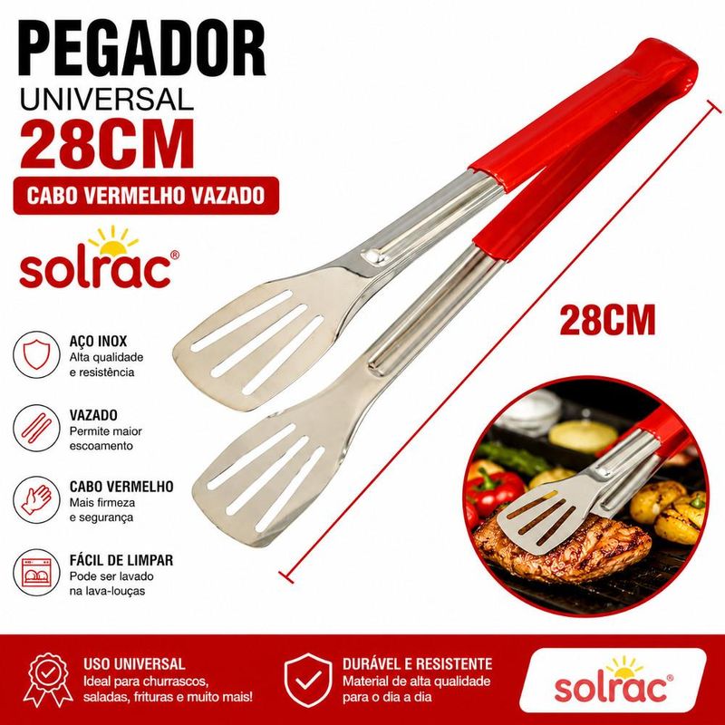 Pegador de Inox Universal P/ Massas e Saladas C/ Cabo Vermelho Vazado 28cm Ref. IPG-019 Solrac (01 unidade)