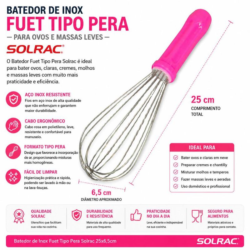 Batedor de Inox Fuet Tipo Pera P/ Ovos C/ Cabo Rosa Pink 25x6.5cm Solrac (01 unidade)