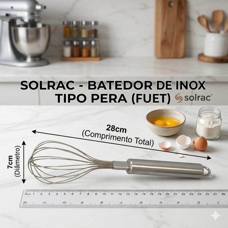 Batedor de Inox Fuet Tipo Pera P/ Ovos 28x7cm Solrac (01 unidade)